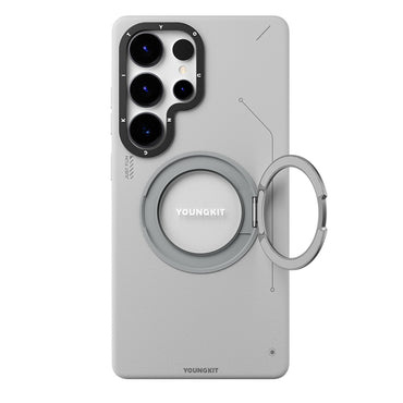 Galaxy S25 Ultra Kılıf M-safe Şarj Özellikli 360° Standlı Basit Mat Deri Desenli Youngkit Tech Leather Serisi Kapak Kahverengi