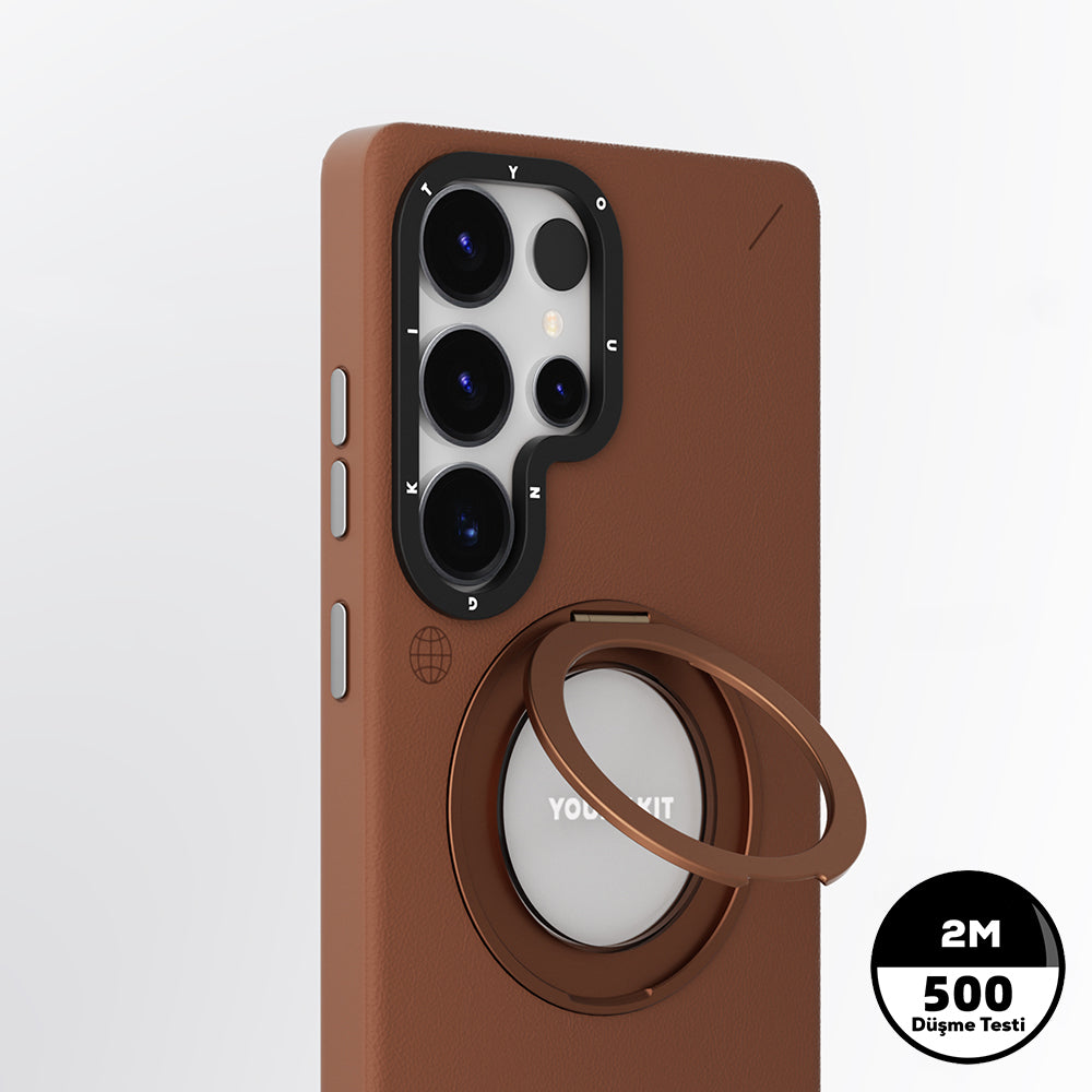 Galaxy S25 Ultra Kılıf M-safe Şarj Özellikli 360° Standlı Basit Mat Deri Desenli Youngkit Tech Leather Serisi Kapak Gri