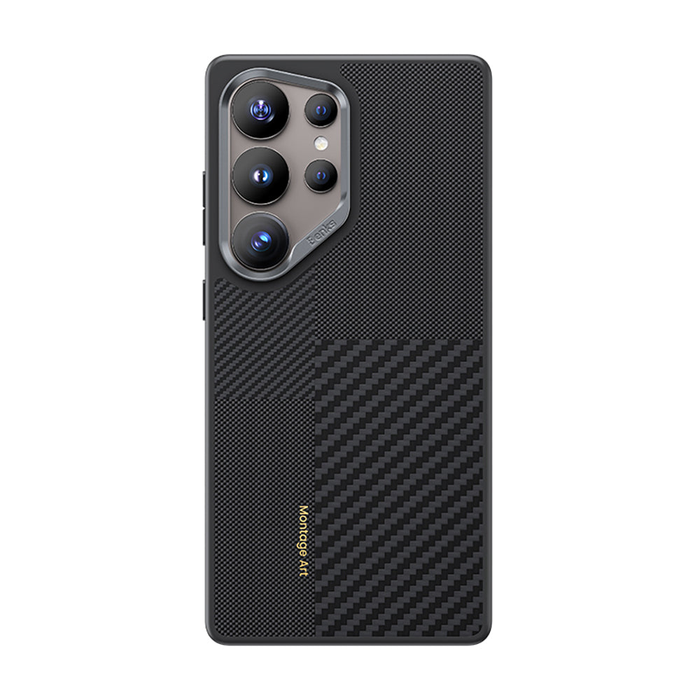 Galaxy S25 Ultra Kılıf M-safe Şarj Özellikli Karbon Fiber Benks Montage Hybrid ArmorPro Kevlar Kapak Siyah