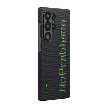 Galaxy S25 Ultra Kılıf M-safe Şarj Özellikli Lumintex Teknolojili Fosforlu Aramid Fiber Pitaka Tactile Woven Aries Serisi Kapak Siyah-Yeşil