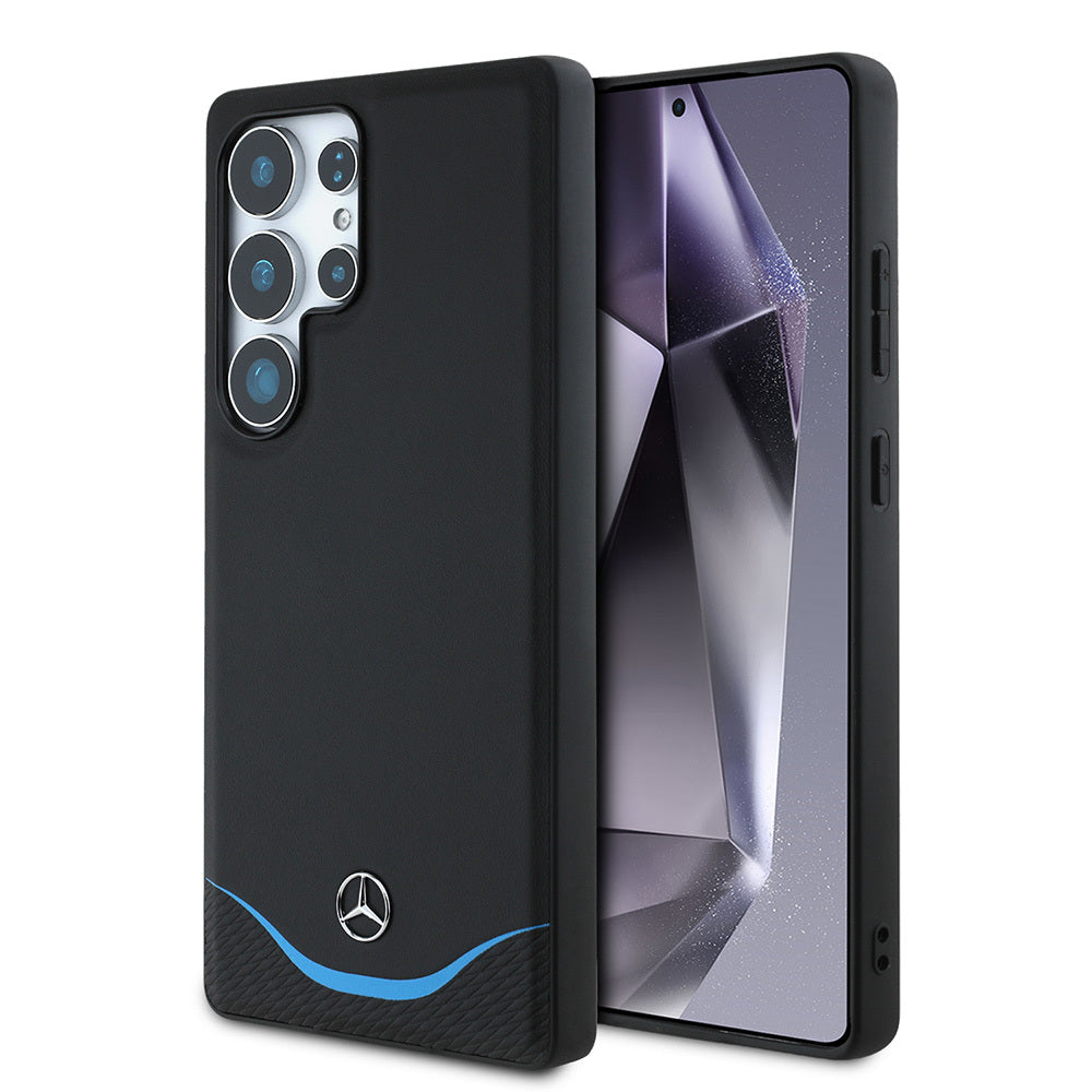 Galaxy S25 Ultra Kılıf Mercedes Benz Orjinal Lisanslı M-safe Şarj Özellikli 3D Metal Logolu Mavi Yatay Eğri Çizgili Deri Kapak Siyah
