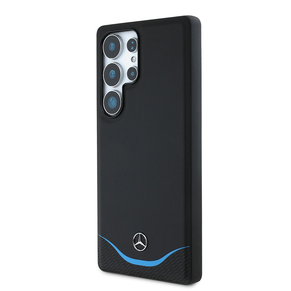 Galaxy S25 Ultra Kılıf Mercedes Benz Orjinal Lisanslı M-safe Şarj Özellikli 3D Metal Logolu Mavi Yatay Eğri Çizgili Deri Kapak Siyah