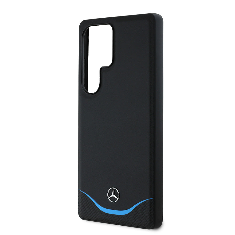 Galaxy S25 Ultra Kılıf Mercedes Benz Orjinal Lisanslı M-safe Şarj Özellikli 3D Metal Logolu Mavi Yatay Eğri Çizgili Deri Kapak Siyah
