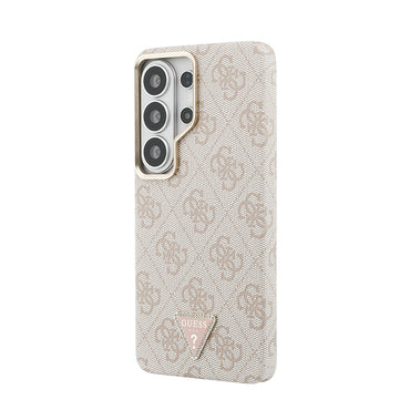 Galaxy S26 Ultra Kılıf Guess Orjinal Lisanslı M-safe Şarj Özellikli Gold Metal Kamera Çerçeveli Taşlı Üçgen Logo 4G Desenli Kapak