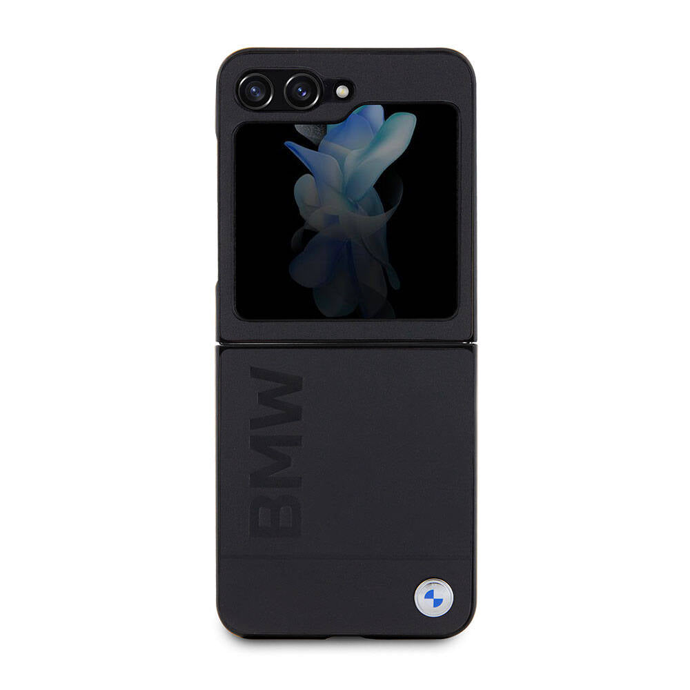 Galaxy Z Flip 5 Case BMW Original Licensed Hot Stamp Logo Leather Cover Black