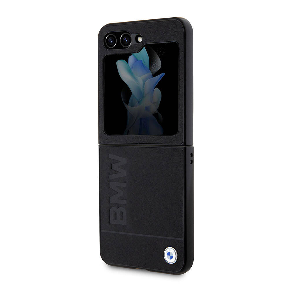 Galaxy Z Flip 5 Case BMW Original Licensed Hot Stamp Logo Leather Cover Black