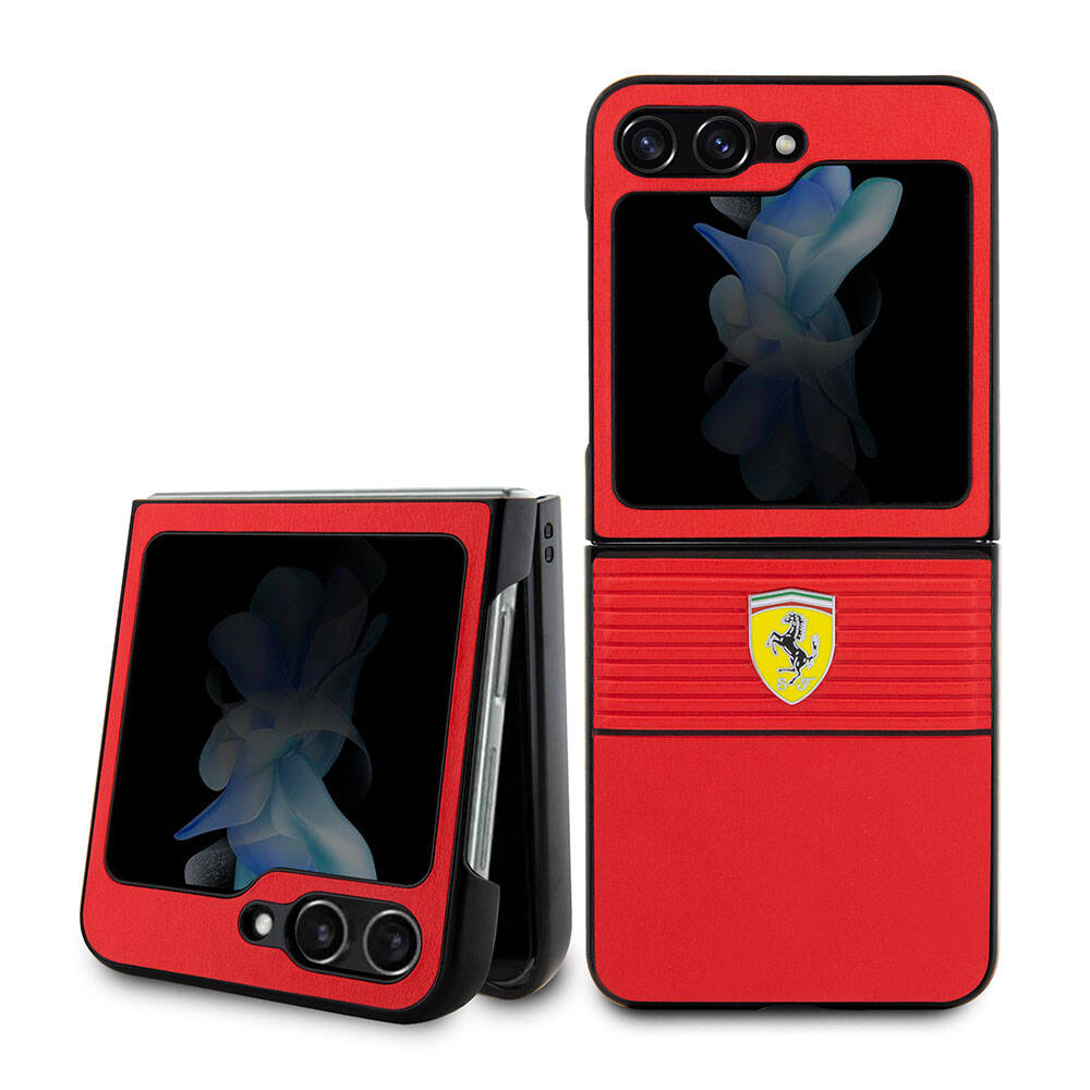 Galaxy Z Flip 5 Case Ferrari Original Licensed PU Leather Metal Logo Multi Striped Cover Black