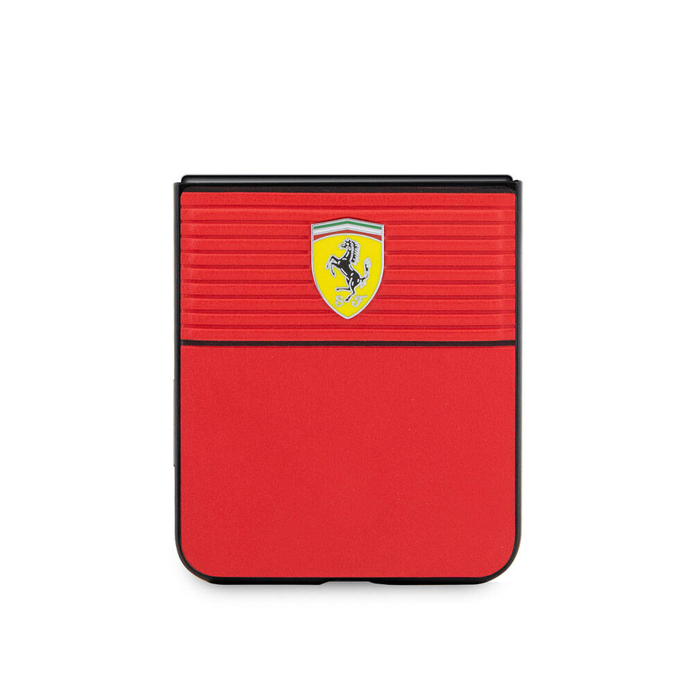 Galaxy Z Flip 5 Case Ferrari Original Licensed PU Leather Metal Logo Multi Striped Cover Black
