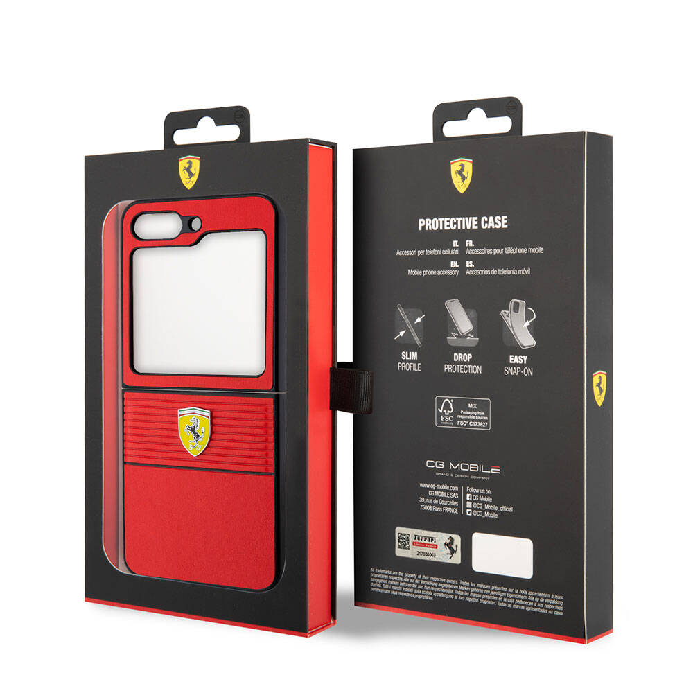 Galaxy Z Flip 5 Case Ferrari Original Licensed PU Leather Metal Logo Multi Striped Cover Red