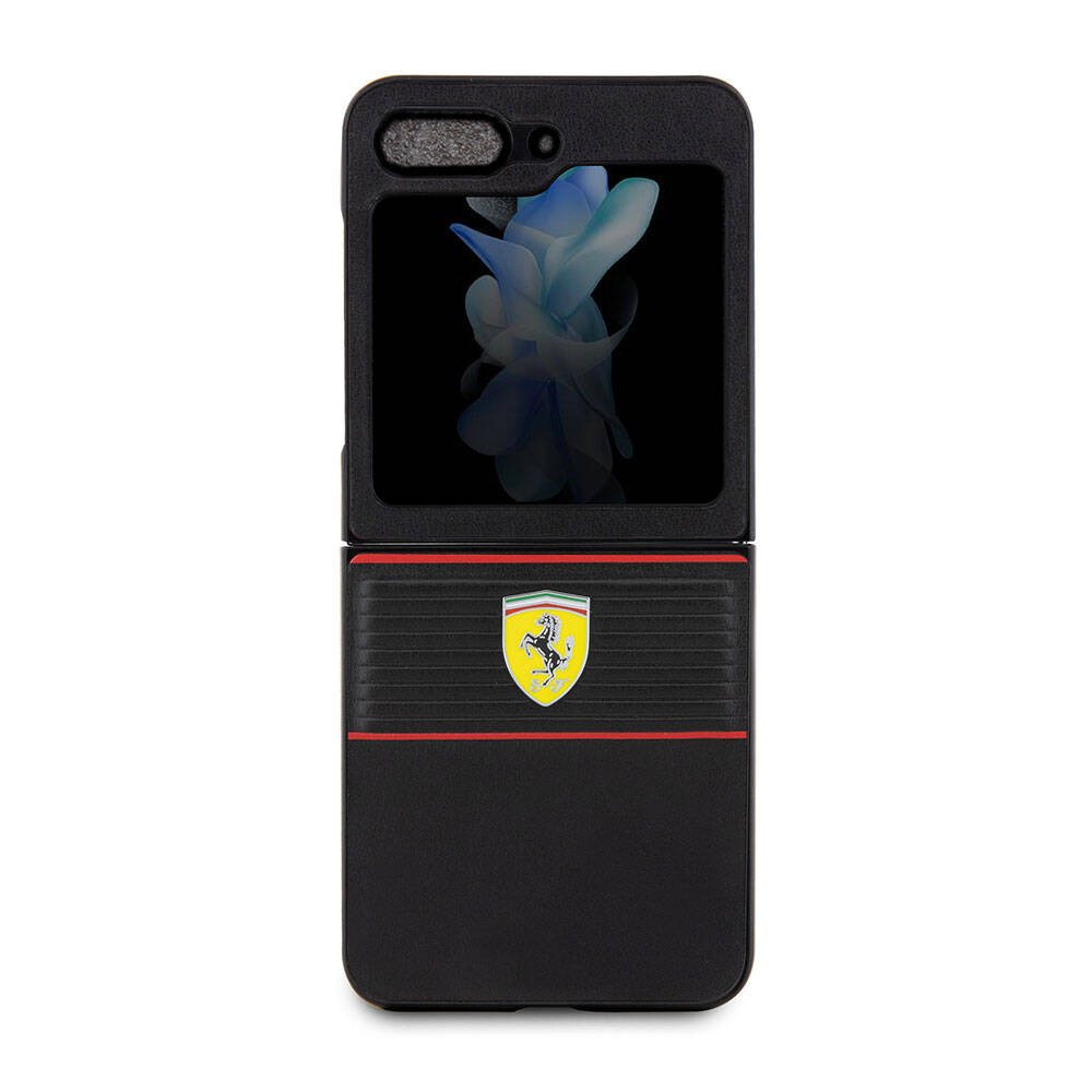 Galaxy Z Flip 5 Case Ferrari Original Licensed PU Leather Metal Logo Multi Striped Cover Black