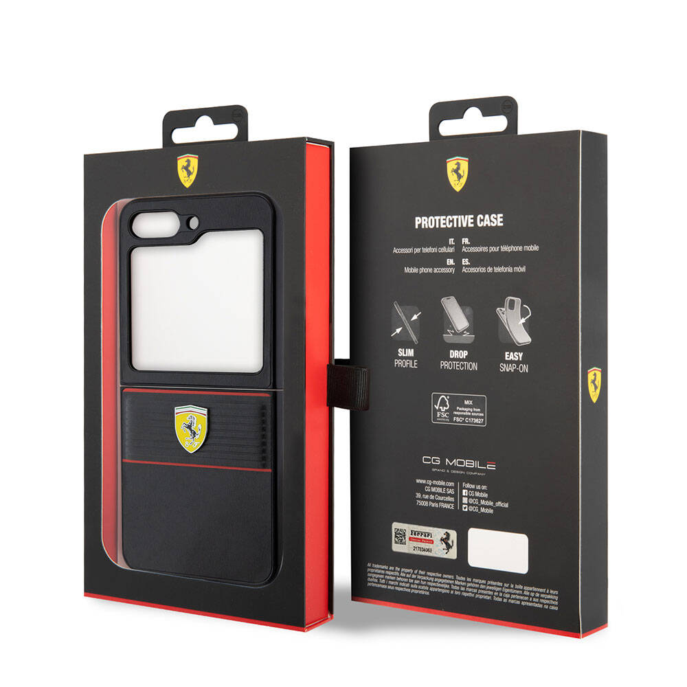 Galaxy Z Flip 5 Case Ferrari Original Licensed PU Leather Metal Logo Multi Striped Cover Black