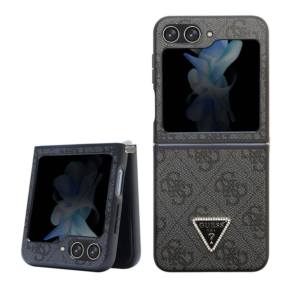 Galaxy Z Flip 5 Case Guess Original Licensed PU Leather Stone Triangle Logo 4G Patterned Strass Cover Brown