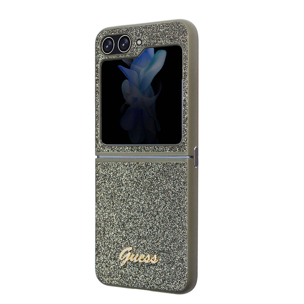 Galaxy Z Flip 5 Case Guess Original Licensed Text Logo Glitter Flakes Cover Khaki