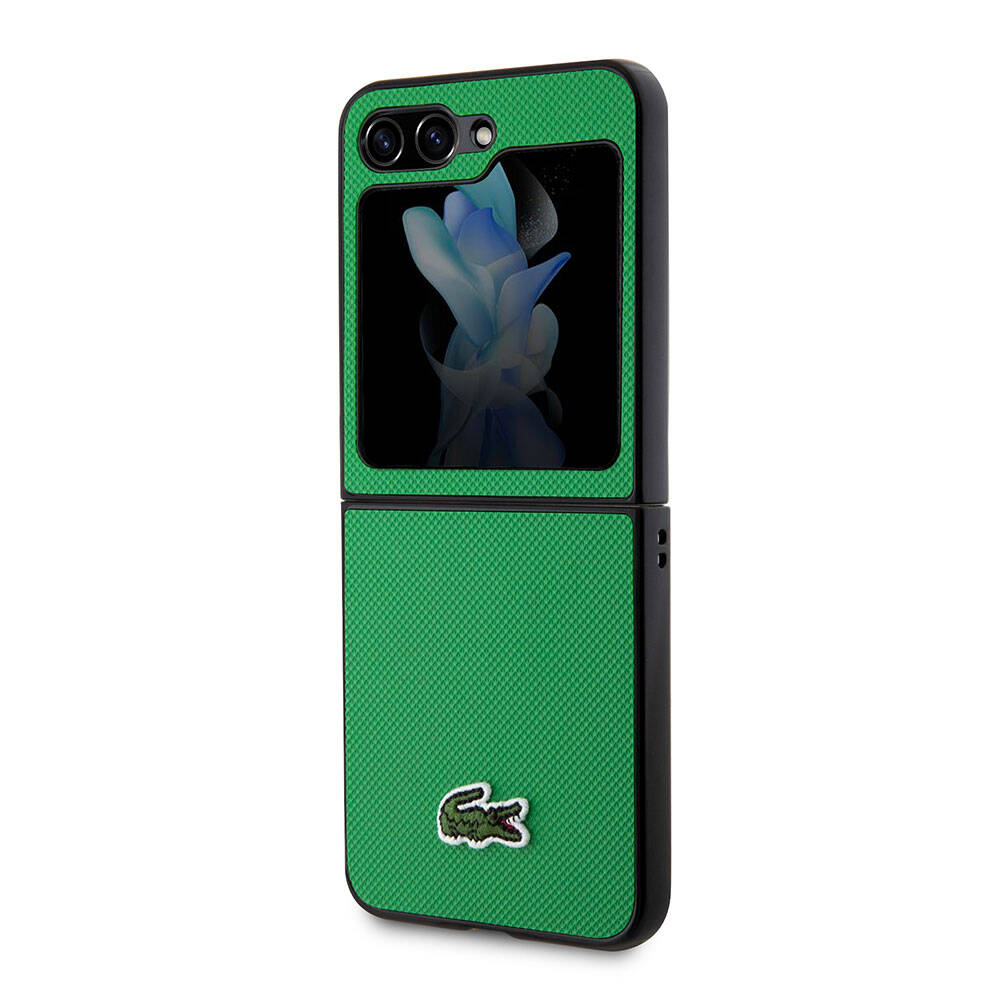 Galaxy Z Flip 5 Kılıf Lacoste Orjinal Lisanslı PU Pike Desenli Arka Yüzey İkonik Timsah Dokuma Logolu Kapak Yeşil