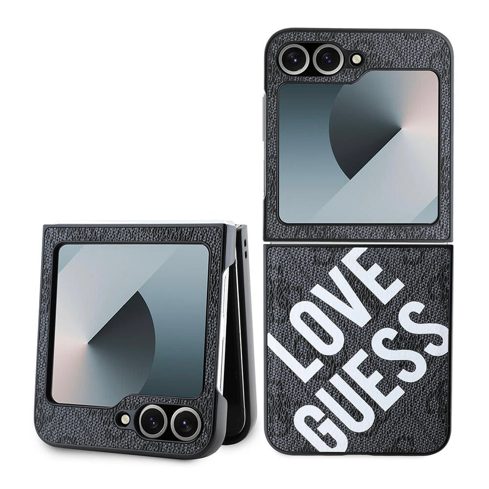 Galaxy Z Flip 6 Kılıf Guess Orjinal Lisanslı M-safe Şarj Özellikli Love Guess Printing Kapak Siyah