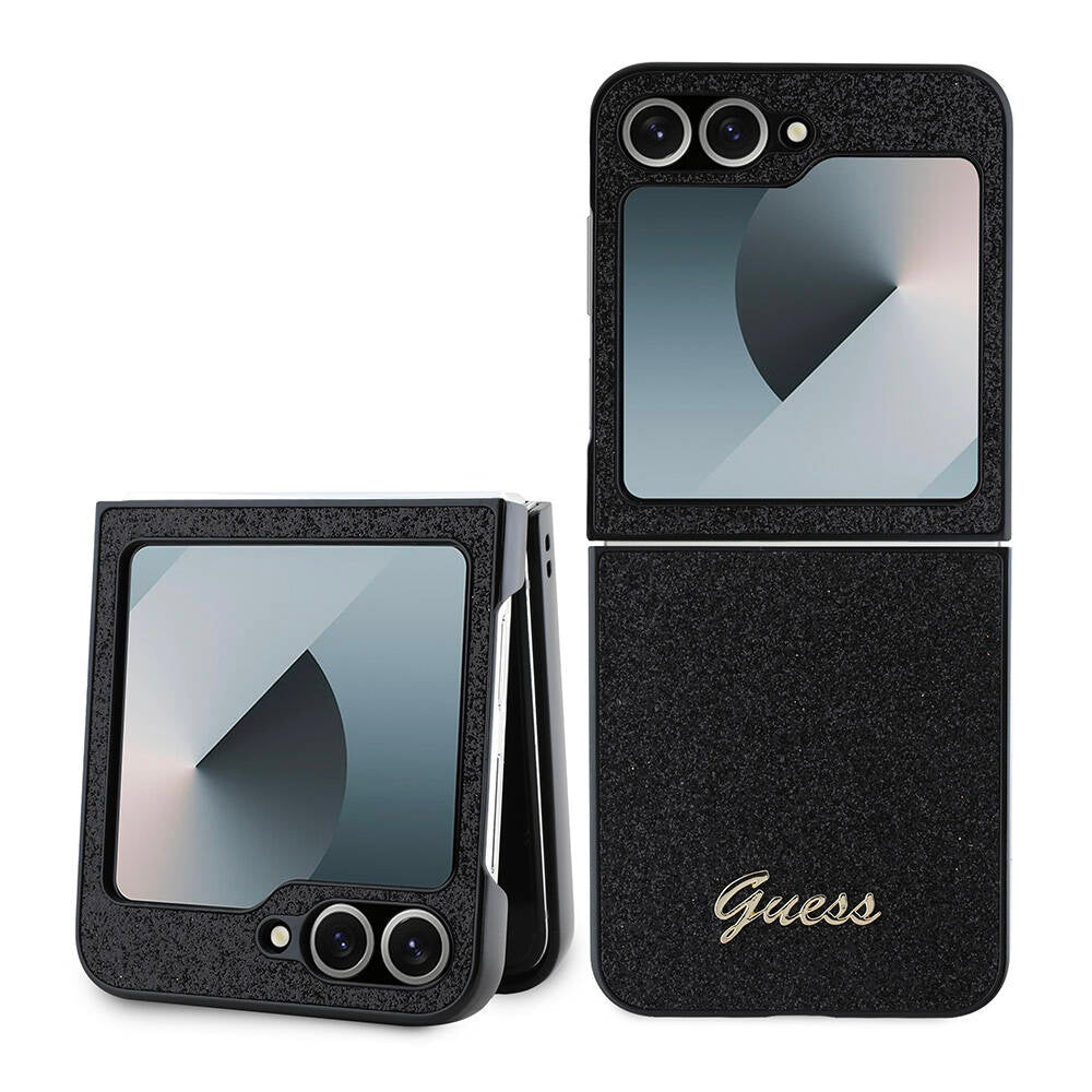 Galaxy Z Flip 6 Case Guess Original Licensed Glitter Script Cover with Logo Black