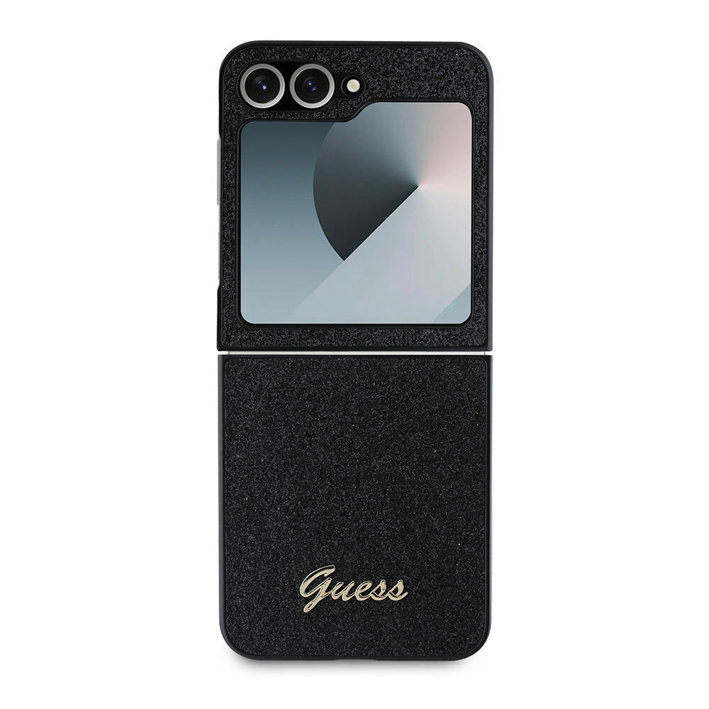 Galaxy Z Flip 6 Case Guess Original Licensed Glitter Script Cover with Logo Black