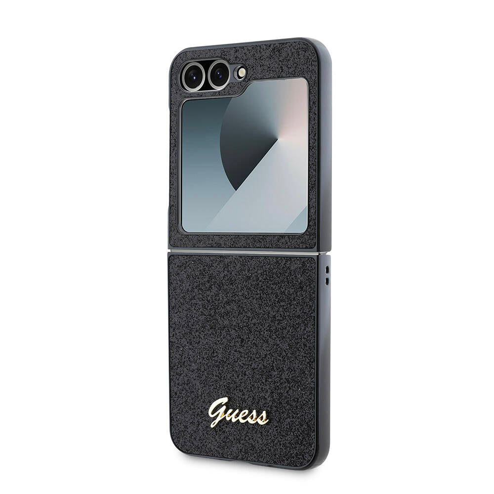 Galaxy Z Flip 6 Case Guess Original Licensed Glitter Script Cover with Logo Black