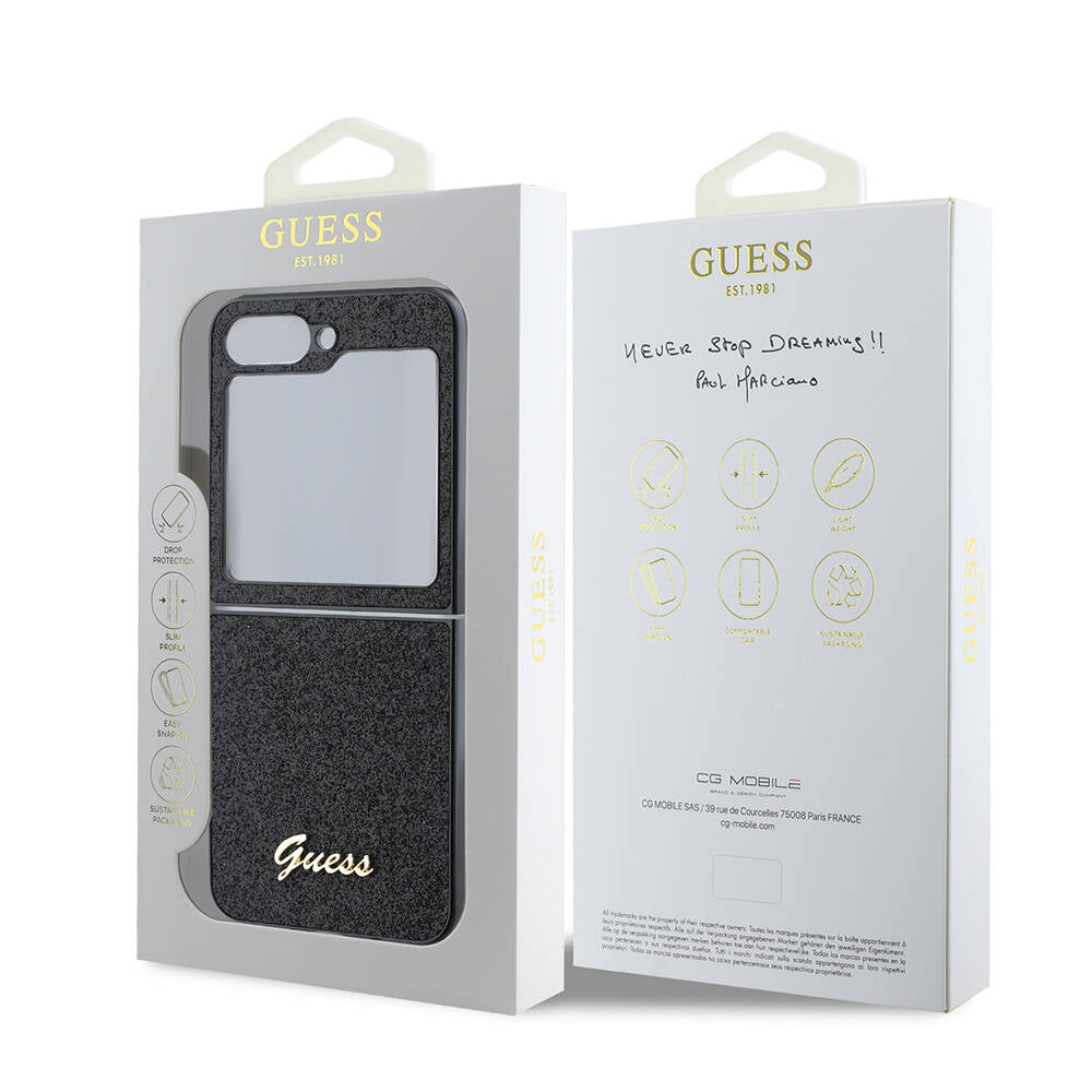 Galaxy Z Flip 6 Case Guess Original Licensed Glitter Script Cover with Logo Black