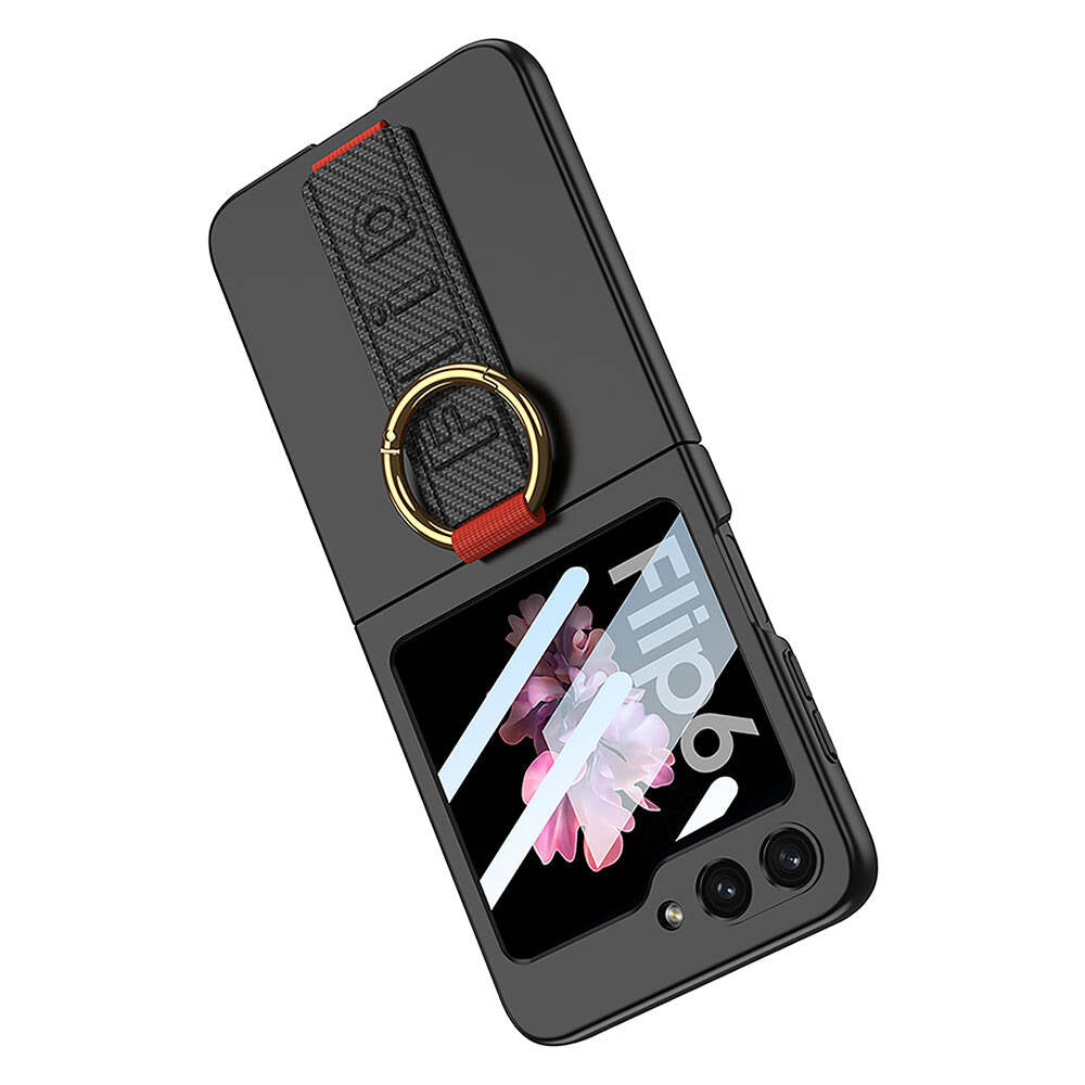 Galaxy Z Flip 6 Case Camera Protection Ring Carbon Design Zore Flip Ring Case Cover Black