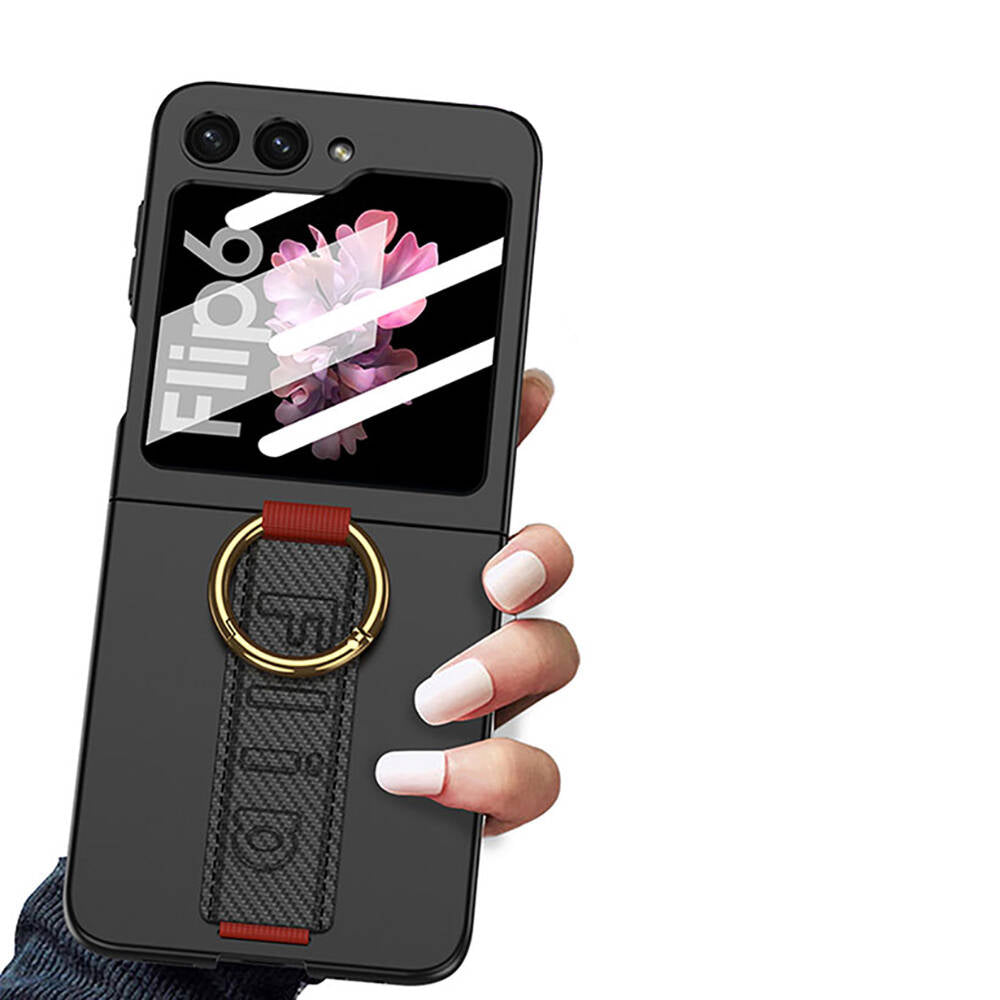 Galaxy Z Flip 6 Case Camera Protection Ring Carbon Design Zore Flip Ring Case Cover Black