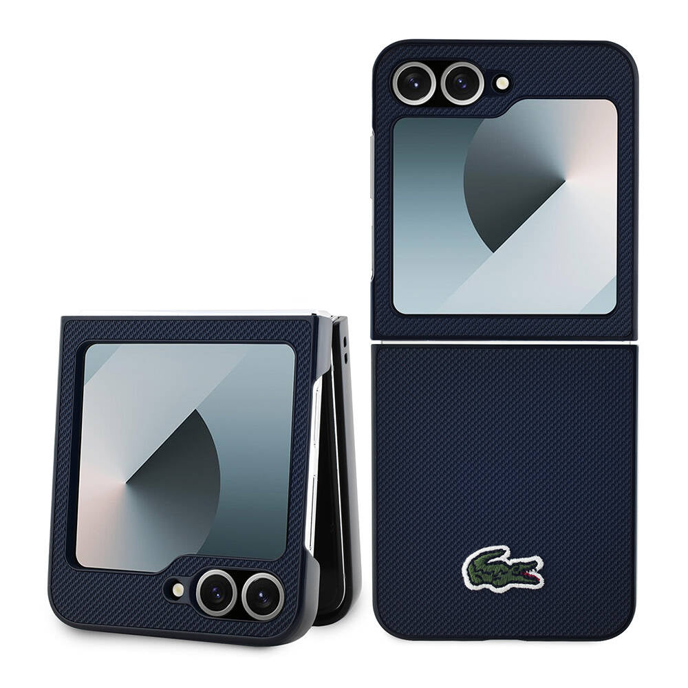 Galaxy Z Flip 6 Case Lacoste Original Licensed M-Safe Charging Feature Pique Patterned Back Surface Iconic Crocodile Weaving Logo Cover Navy Blue