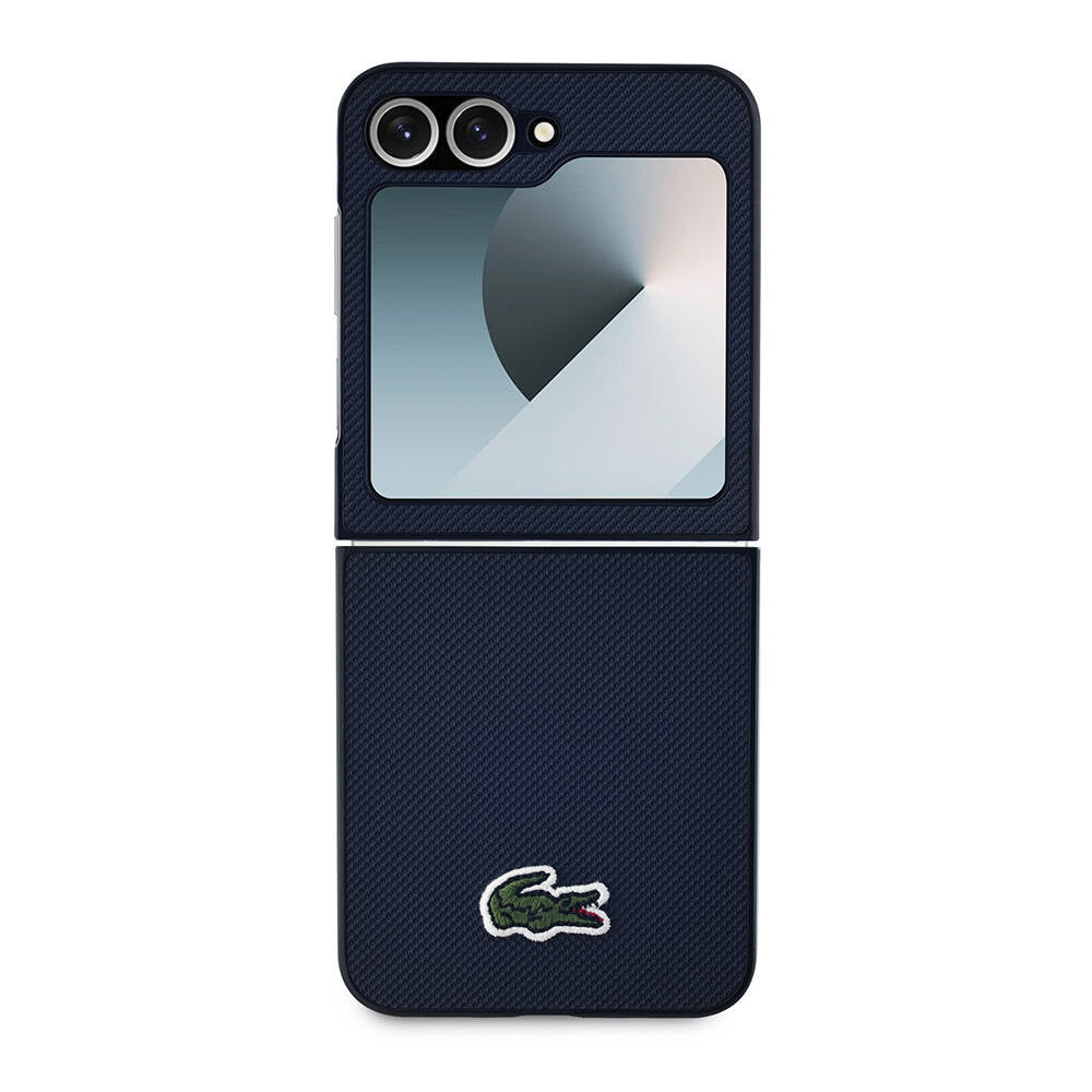 Galaxy Z Flip 6 Case Lacoste Original Licensed M-Safe Charging Feature Pique Patterned Back Surface Iconic Crocodile Weaving Logo Cover Navy Blue