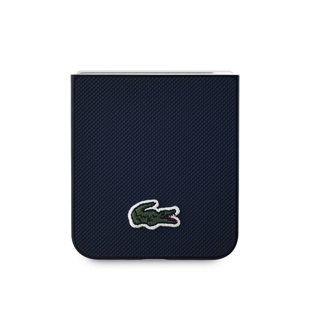 Galaxy Z Flip 6 Case Lacoste Original Licensed M-Safe Charging Feature Pique Patterned Back Surface Iconic Crocodile Woven Logo Cover Black
