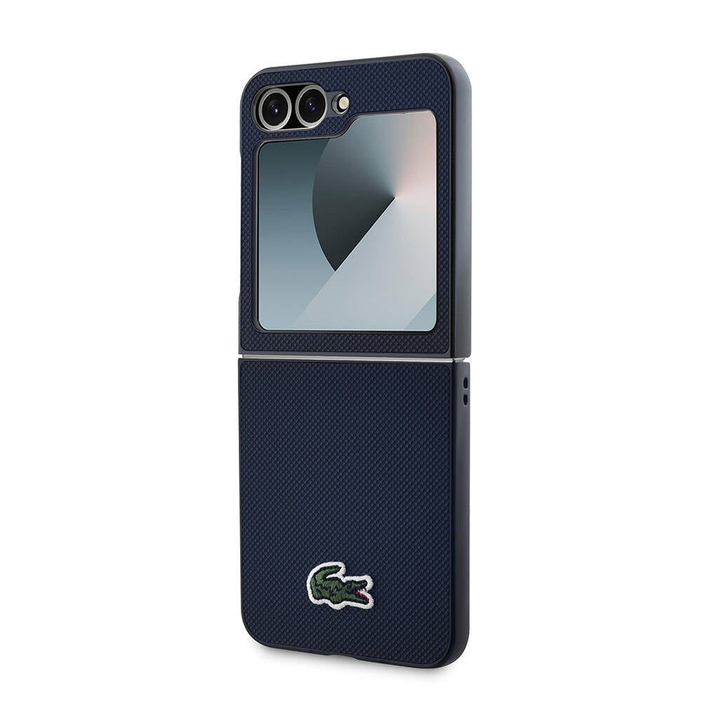Galaxy Z Flip 6 Case Lacoste Original Licensed M-Safe Charging Feature Pique Patterned Back Surface Iconic Crocodile Woven Logo Cover Black
