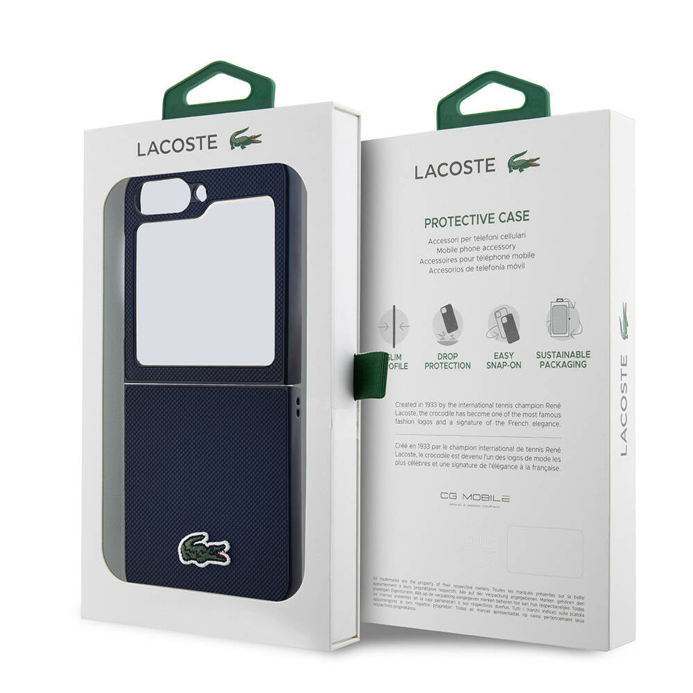 Galaxy Z Flip 6 Case Lacoste Original Licensed M-Safe Charging Feature Pique Patterned Back Surface Iconic Crocodile Weaving Logo Cover Navy Blue