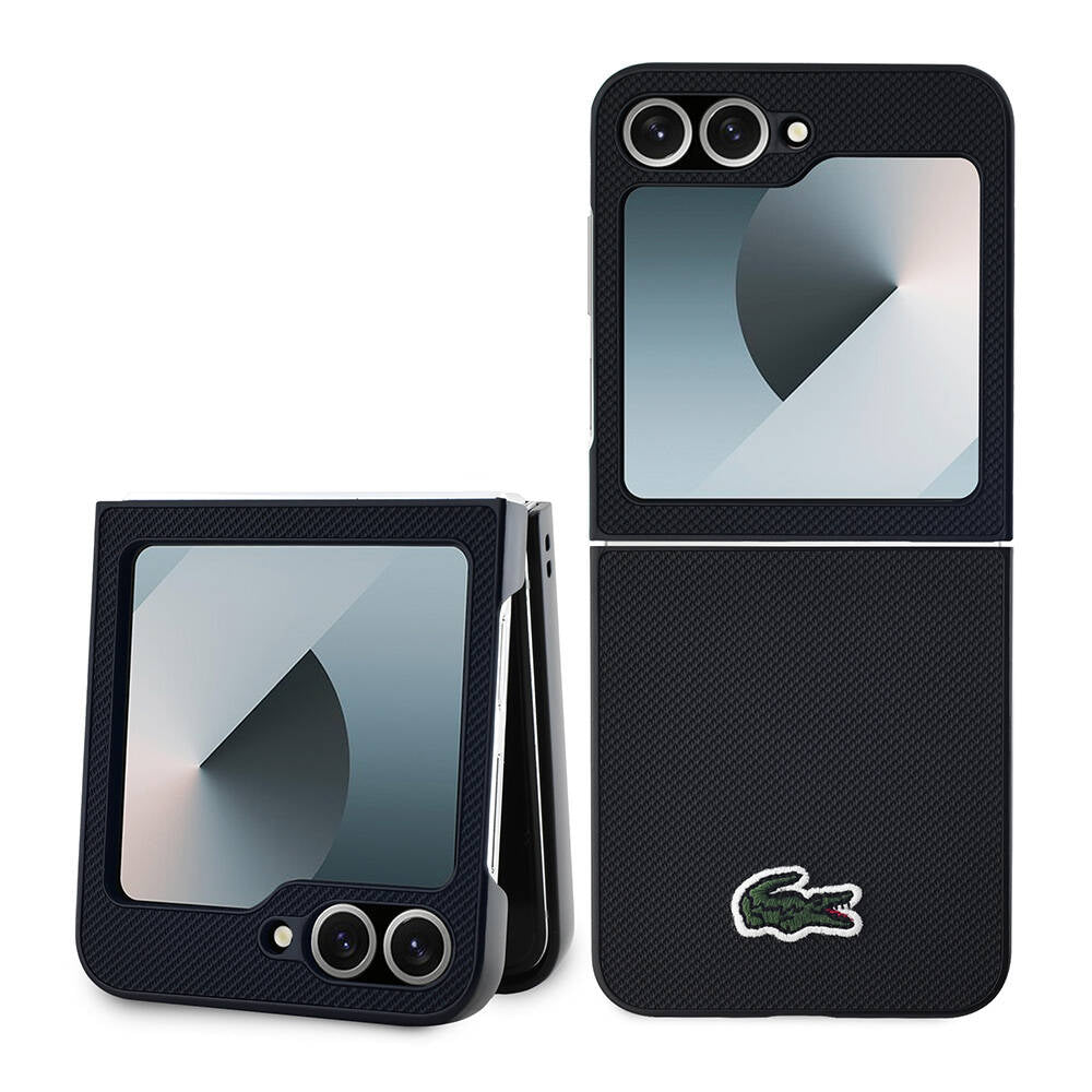 Galaxy Z Flip 6 Case Lacoste Original Licensed M-Safe Charging Feature Pique Patterned Back Surface Iconic Crocodile Woven Logo Cover Black