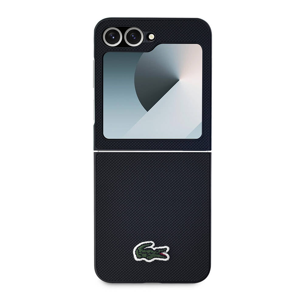 Galaxy Z Flip 6 Case Lacoste Original Licensed M-Safe Charging Feature Pique Patterned Back Surface Iconic Crocodile Woven Logo Cover Black