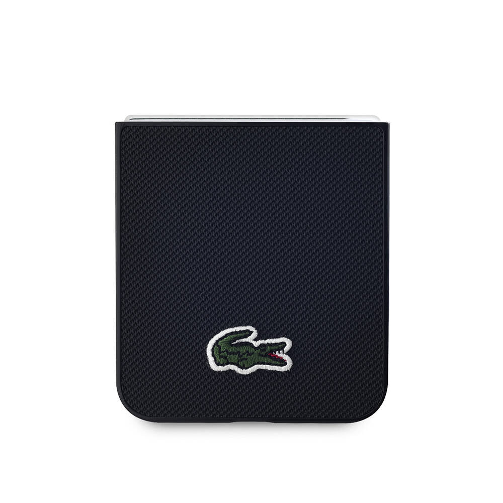 Galaxy Z Flip 6 Case Lacoste Original Licensed M-Safe Charging Feature Pique Patterned Back Surface Iconic Crocodile Woven Logo Cover Black