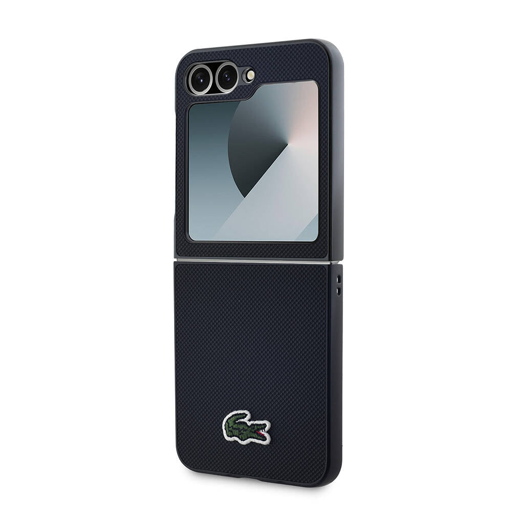 Galaxy Z Flip 6 Case Lacoste Original Licensed M-Safe Charging Feature Pique Patterned Back Surface Iconic Crocodile Weaving Logo Cover Navy Blue