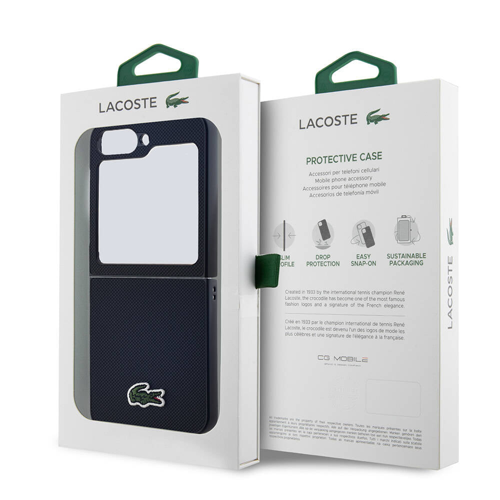 Galaxy Z Flip 6 Case Lacoste Original Licensed M-Safe Charging Feature Pique Patterned Back Surface Iconic Crocodile Woven Logo Cover Black