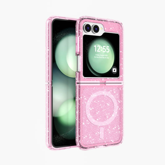Galaxy Z Flip 6 Case M-safe Charging Feature Shining Glitter Transparent Colorful Zore Allstar Cover Pink