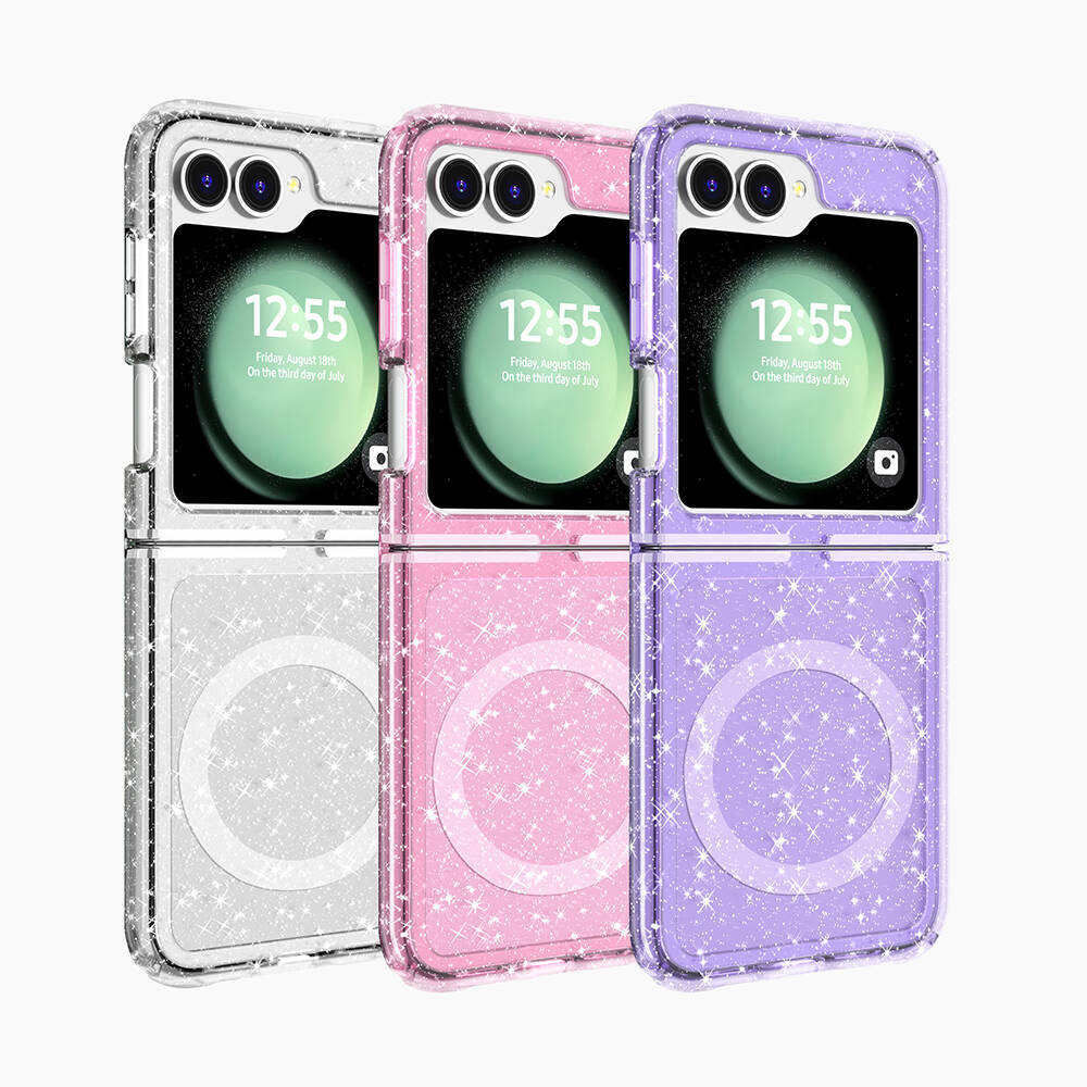 Galaxy Z Flip 6 Case M-safe Charging Feature Shining Glitter Transparent Colorful Zore Allstar Cover Pink
