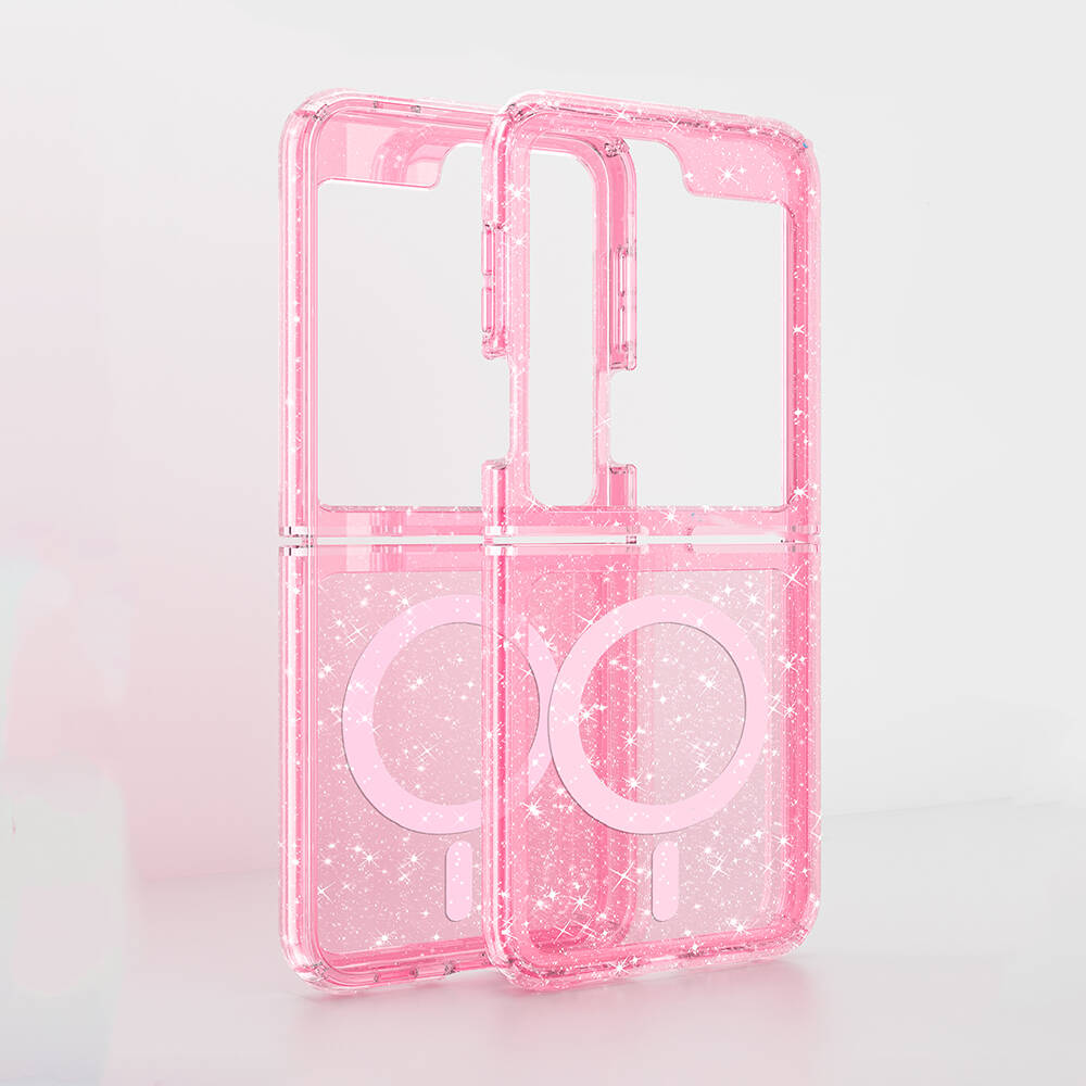 Galaxy Z Flip 6 Case M-safe Charging Feature Shining Glitter Transparent Colorful Zore Allstar Cover Pink