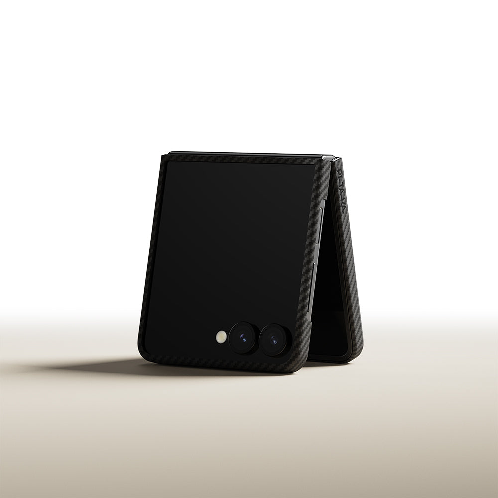 Galaxy Z Flip 7 Kılıf M-safe Şarj Özellikli 600D Aramid Fiber Pitaka Ultra-Slim Classic Serisi Black-Grey Twill Kapak Siyah-Gri