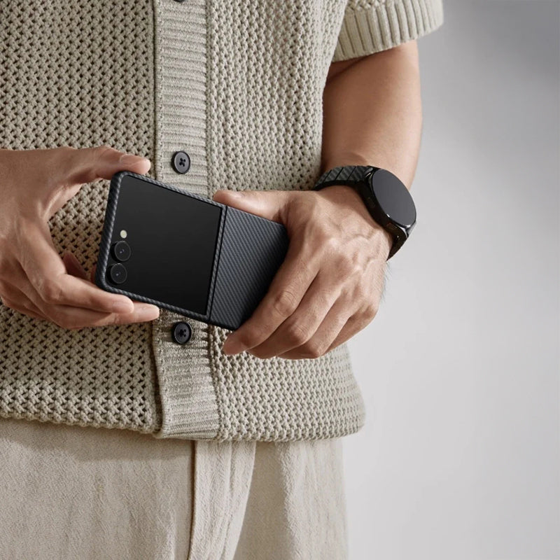 Galaxy Z Flip 7 Case with M-safe Charging Feature 600D Aramid Fiber Pitaka Ultra-Slim Classic Series Black-Grey Twill Cover Black-Grey
