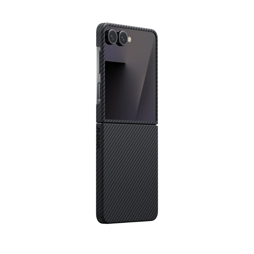 Galaxy Z Flip 7 Kılıf M-safe Şarj Özellikli 600D Aramid Fiber Pitaka Ultra-Slim Classic Serisi Black-Grey Twill Kapak Siyah-Gri