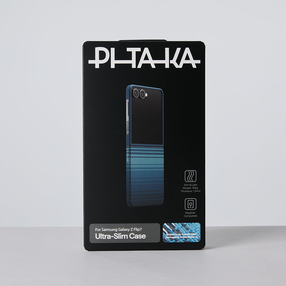 Galaxy Z Flip 7 Kılıf M-safe Şarj Özellikli Aramid Fiber Pitaka Tactile Woven Sunset-Moonrise Serisi Kapak Mavi