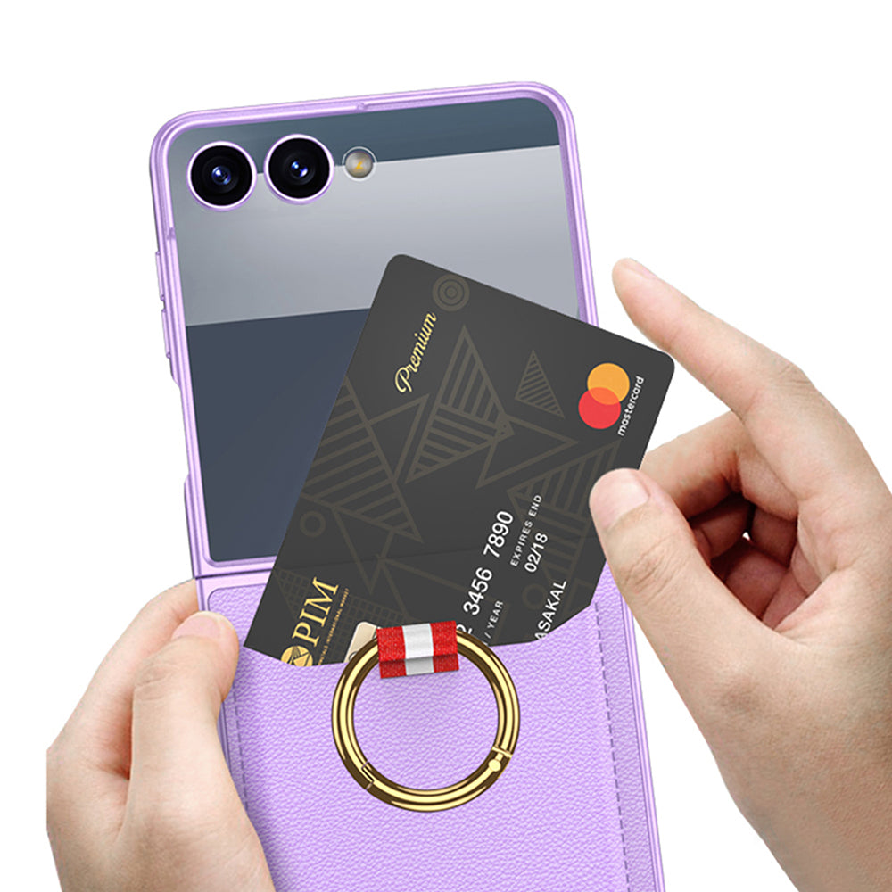 Galaxy Z Flip 7 Zore Kıpta Yüzüklü Kartlıklı Kapak Siyah Karbon