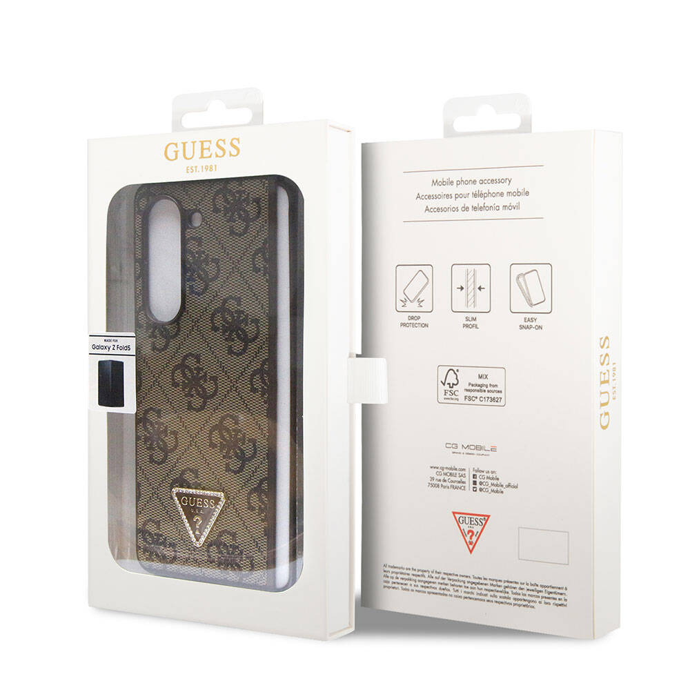 Galaxy Z Fold 5 Case Guess Original Licensed PU Leather Stone Triangle Logo 4G Patterned Strass Cover Pink