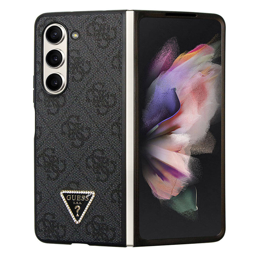 Galaxy Z Fold 5 Case Guess Original Licensed PU Leather Stone Triangle Logo 4G Patterned Strass Cover Pink