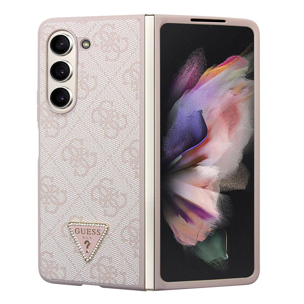 Galaxy Z Fold 5 Case Guess Original Licensed PU Leather Stone Triangle Logo 4G Patterned Strass Cover Pink