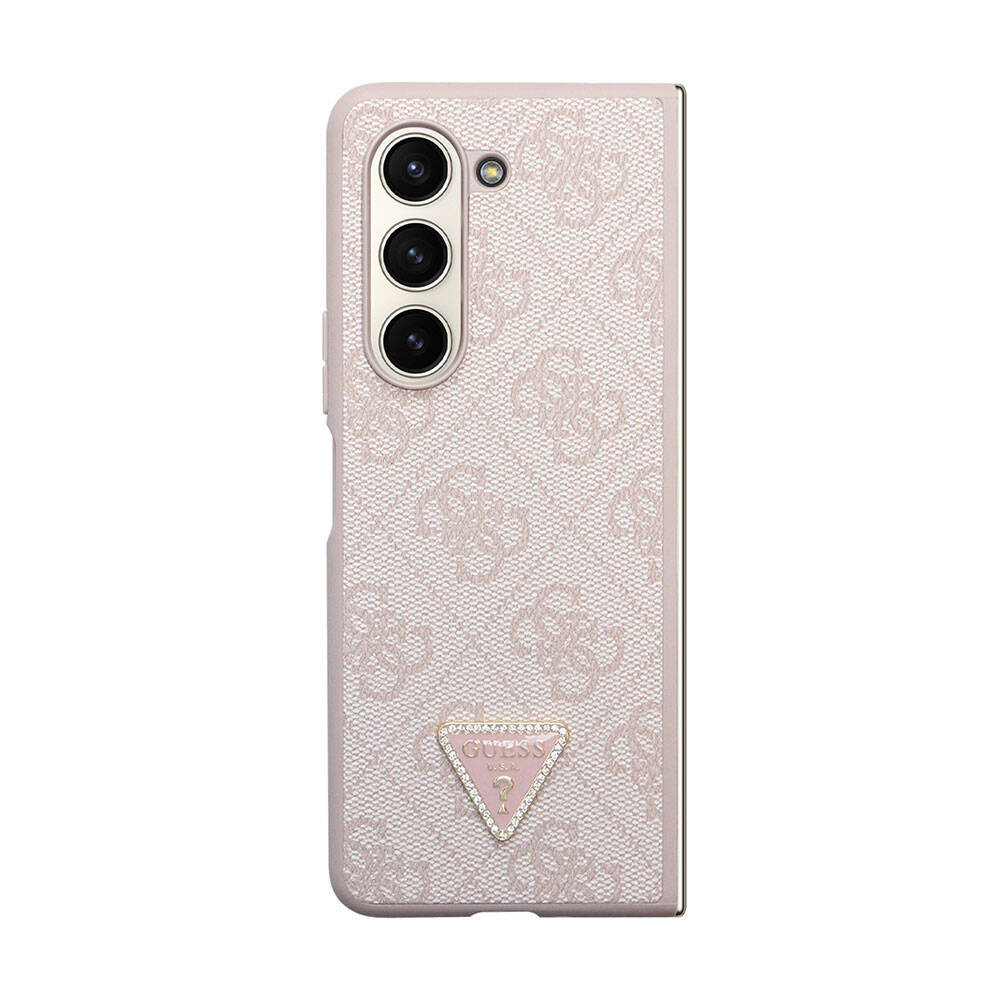 Galaxy Z Fold 5 Case Guess Original Licensed PU Leather Stone Triangle Logo 4G Patterned Strass Cover Pink