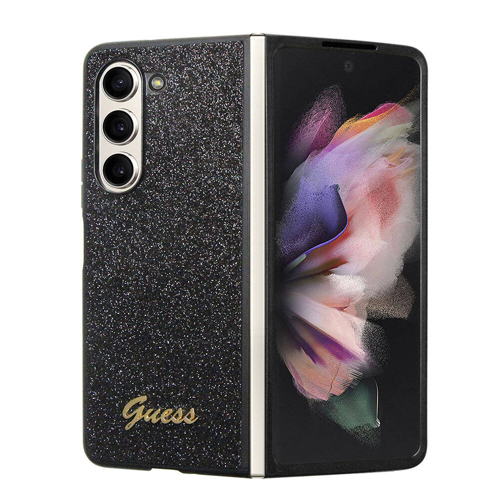 Galaxy Z Fold 5 Case Guess Original Licensed Glitter Script Cover Gold with Text Logo