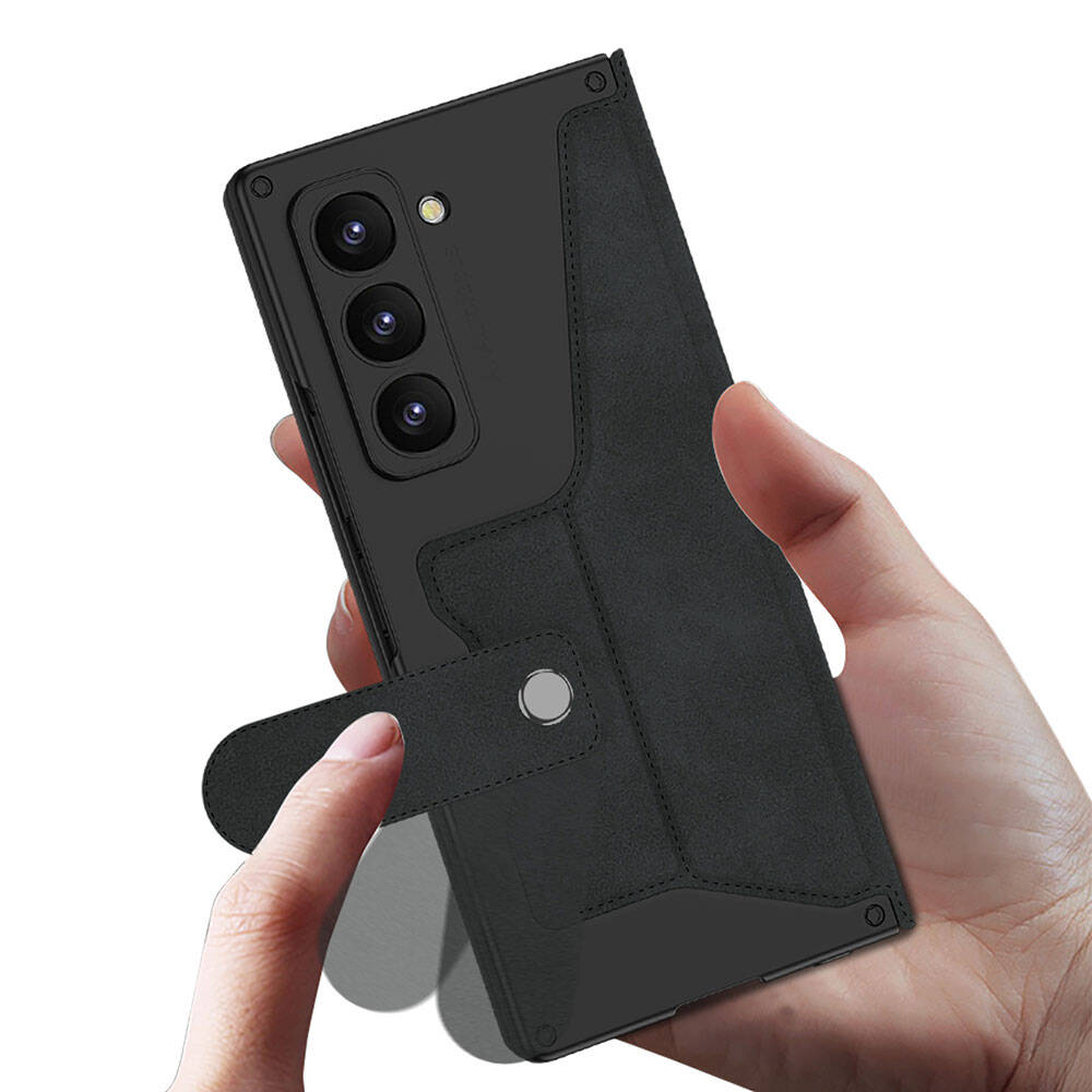 Galaxy Z Fold 6 Case Camera Protection Velvet Design Zore Kıpta Pen Compartment Fest Cover Black