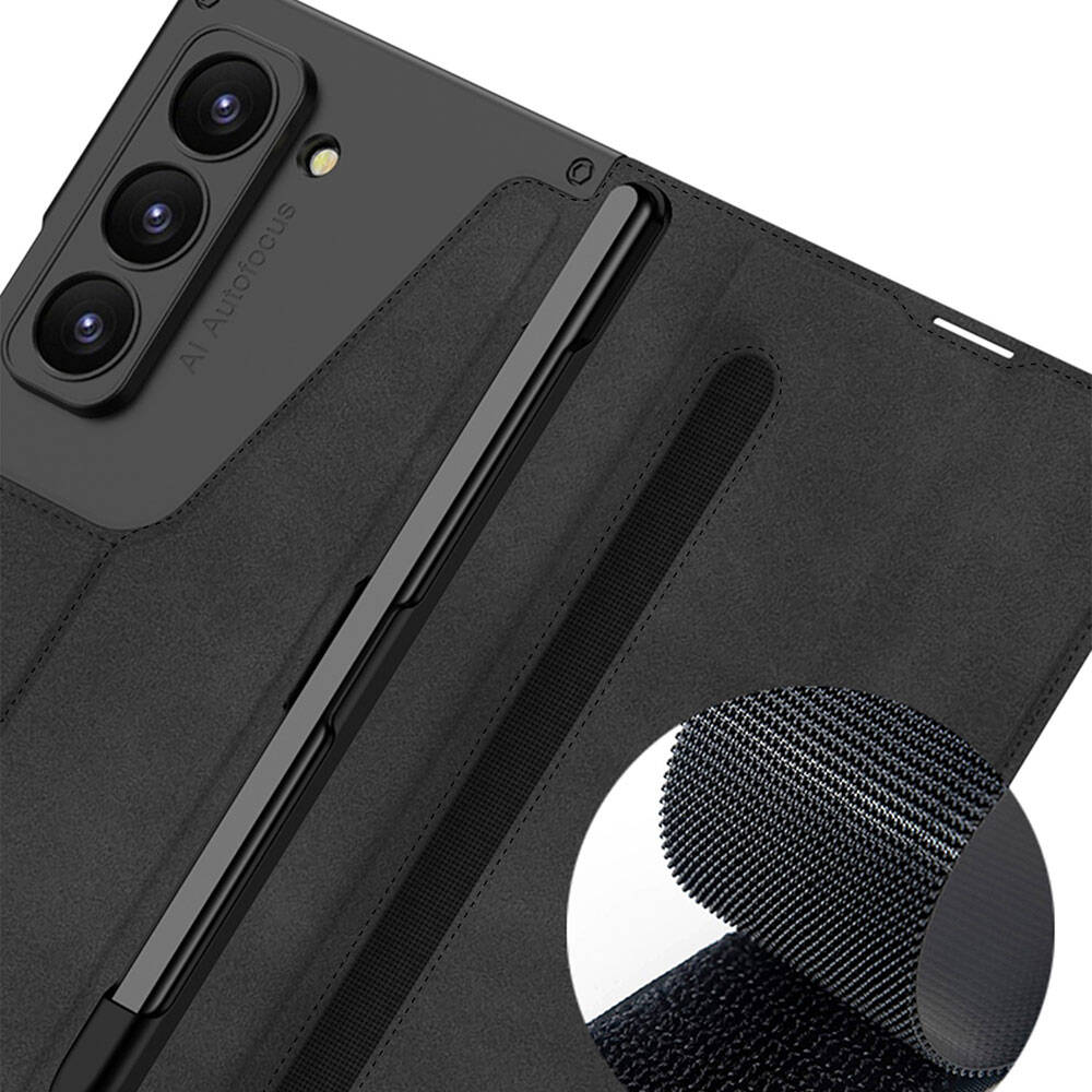 Galaxy Z Fold 6 Case Camera Protection Velvet Design Zore Kıpta Pen Compartment Fest Cover Black